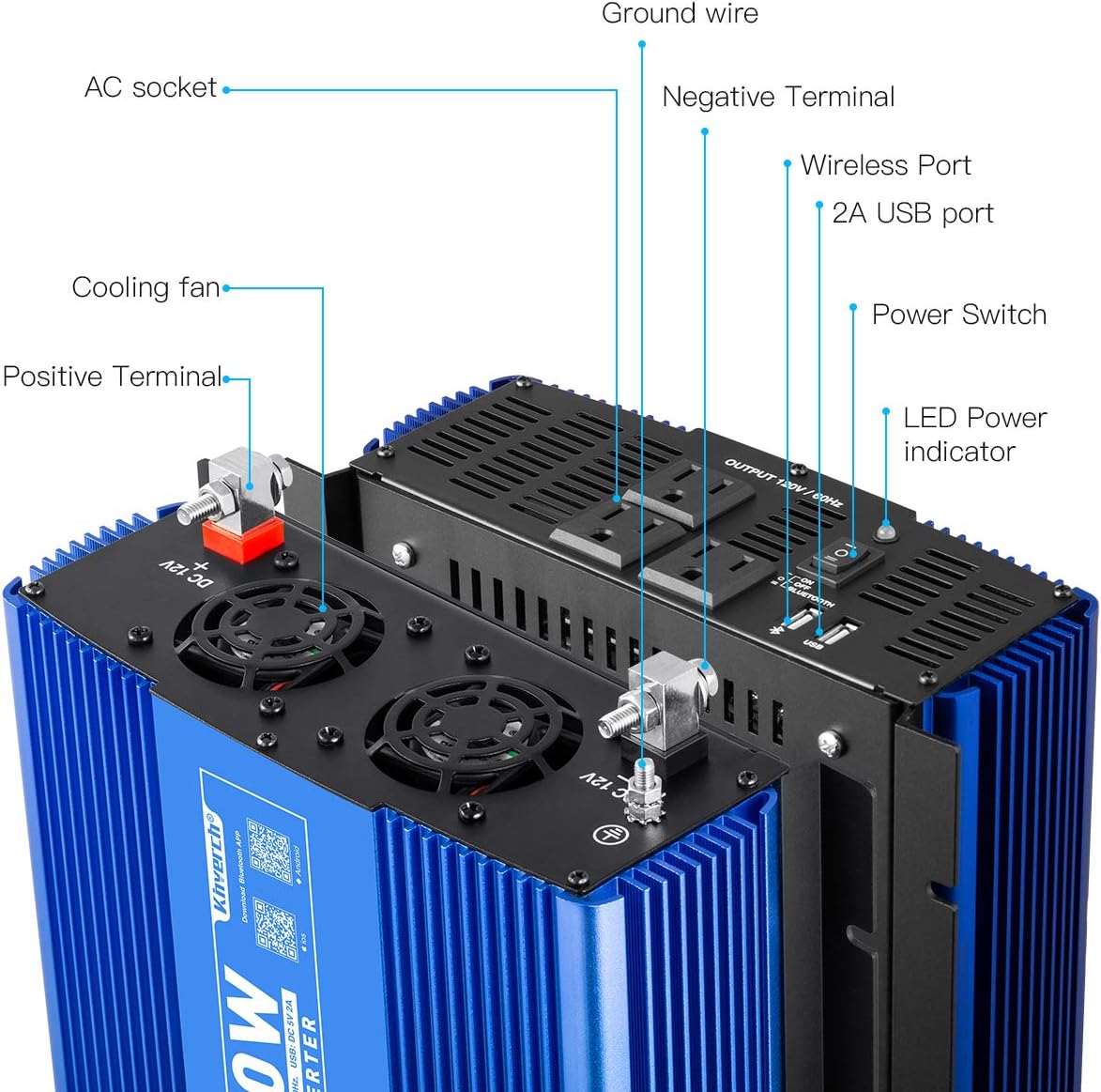 2000W Pure Sine Wave Inverter 12V DC to 110V AC Power Inverter for Home/Truck/RV/Camping/Boat/Off Grid Solar System Car Inverter with 3AC Outlets, 1 USB Port and APP Remote Control