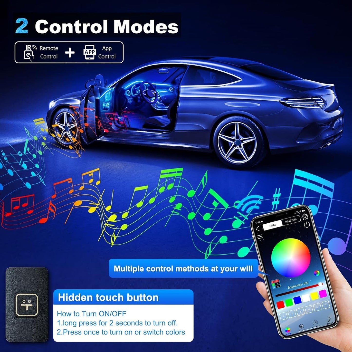 Acrylic Interior Car LED Strip Light with Wireless APP, RGB 6 in 1 with 175 inches 600 LEDs Fiber Optic Car Ambient Lighting Kits, 16 Million Colors Sound Active Function LED Strip for Car