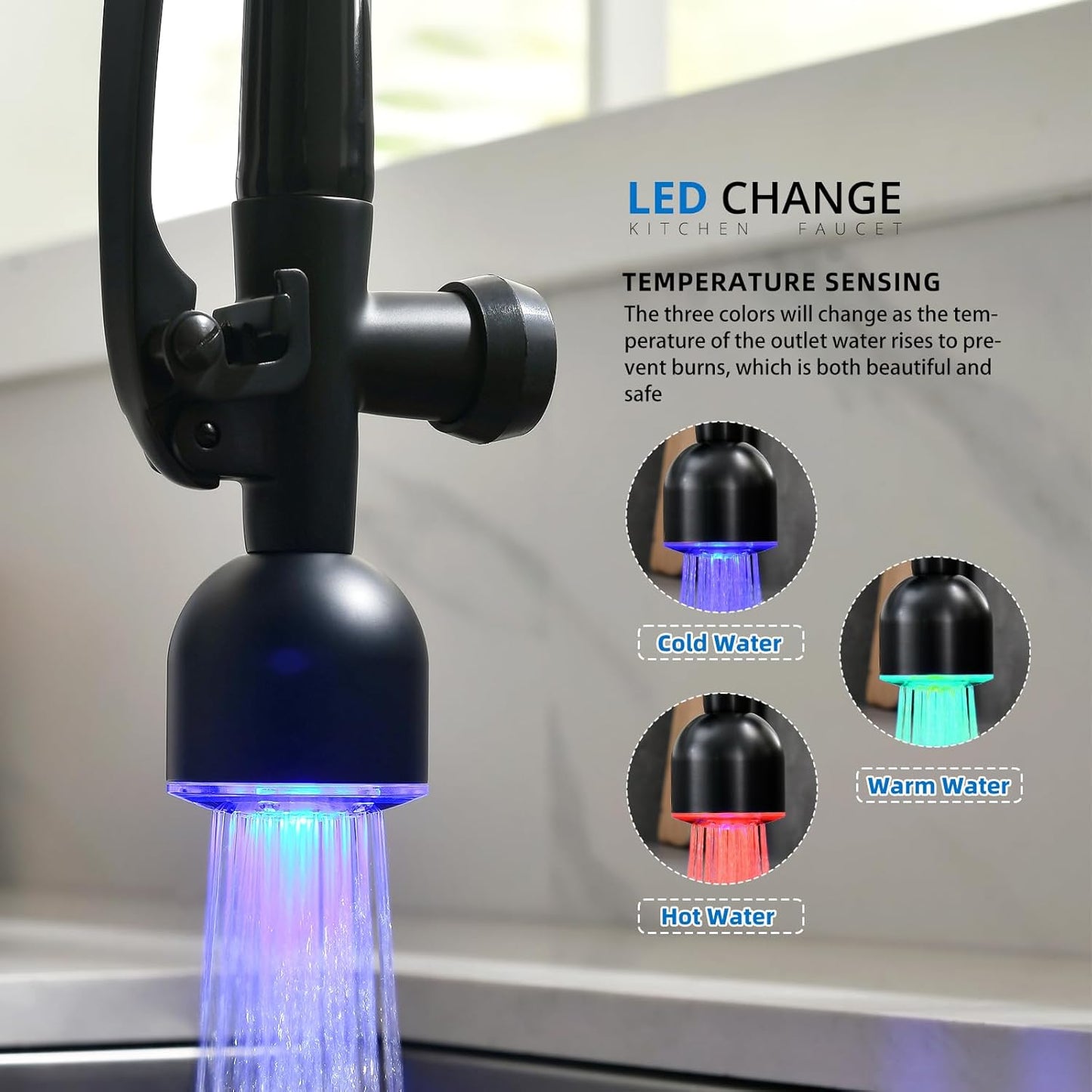 Fapully Commercial Single Handle Pull Down Sprayer Black&Rose Gold Kitchen Faucet,Kitchen Sink Faucet with LED Light