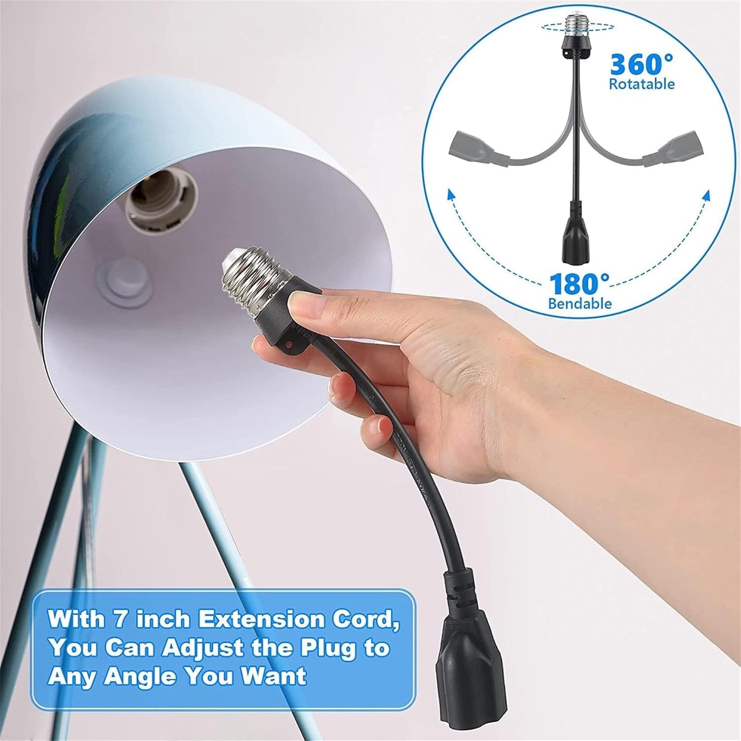 Feekoon 2 Pack 3 Outlet Light Socket Adapter, Convert E26/E27 Bulb Socket to 3 Prong Outlet with Extension Cord, Light Bulb Plug Adapter Converter Suitable for Outdoor Porch Garage Patio Use (Black)