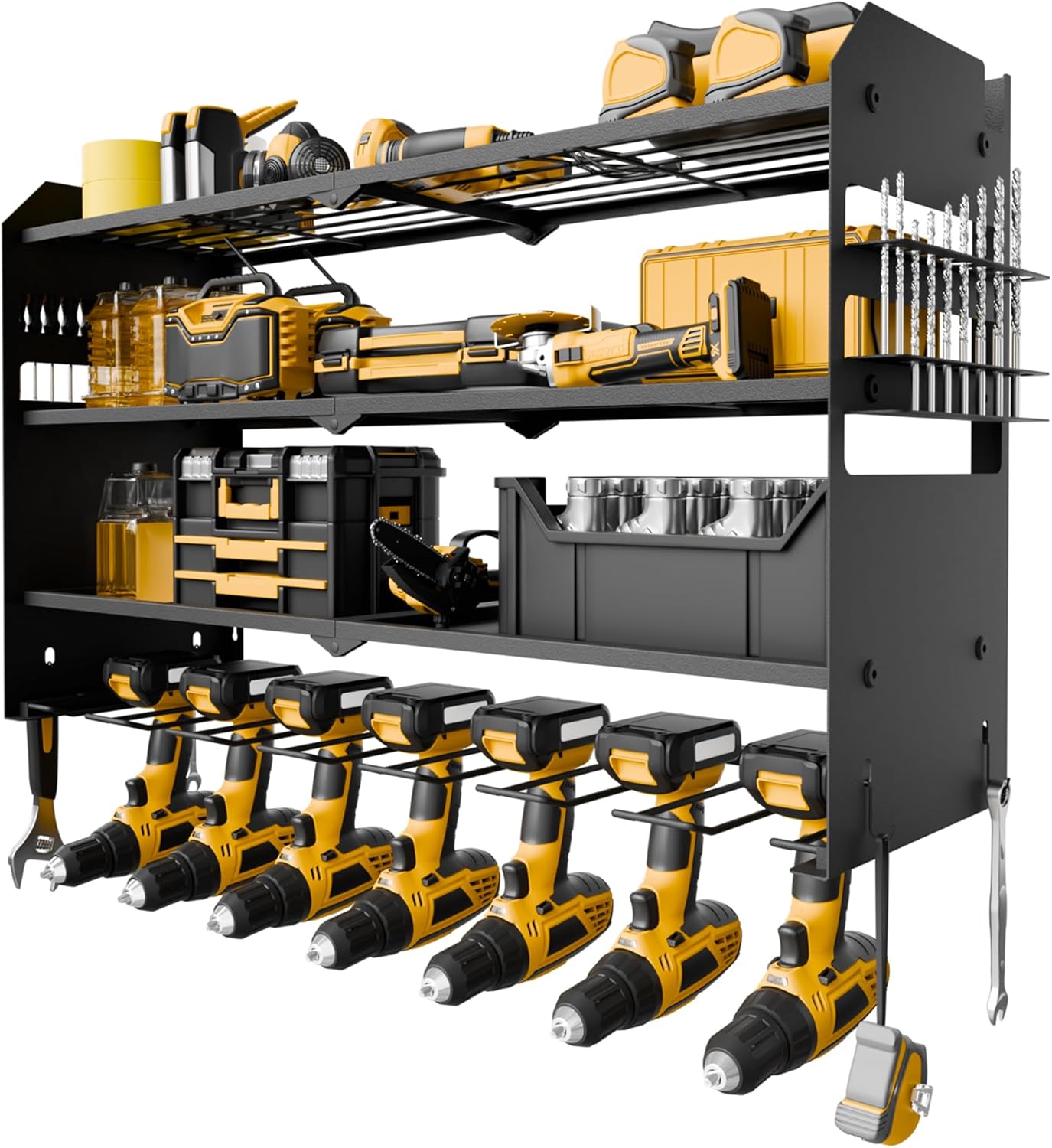 NINAT Heavy Duty 4-Tier Wall Mount Tool Organizer Rack - 7 Drill Holders, 150lb Capacity for Power Tools, Cordless Drills | Garage, Workshop, Shed & Basement Storage Solution