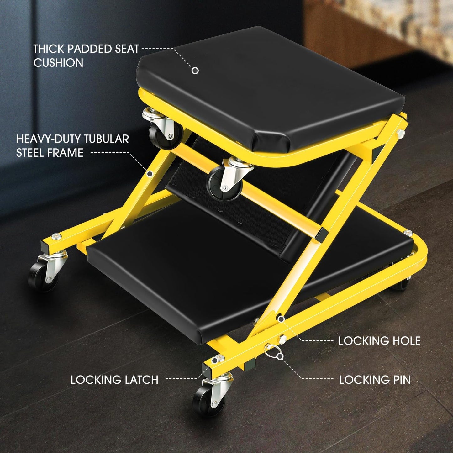 DNA MOTORING 36 Inches 2 IN 1 Rolling Folding Car Creeper/Seat, 6 Pcs 2" Casters, 150kg Weight Capacity, Yellow, TOOLS-00185-YL