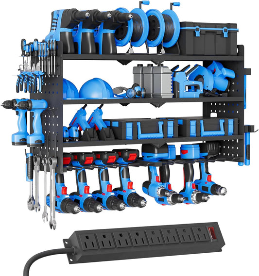 Power Tool Organizer Wall Mount with Charging Station, 4 Layers 6 Drill Holder, Heavy Duty Storage Utility Racks, Supports 600 lbs,Battery Shelf for Garage and Workbench (32 Inch 8 Drills Holder)