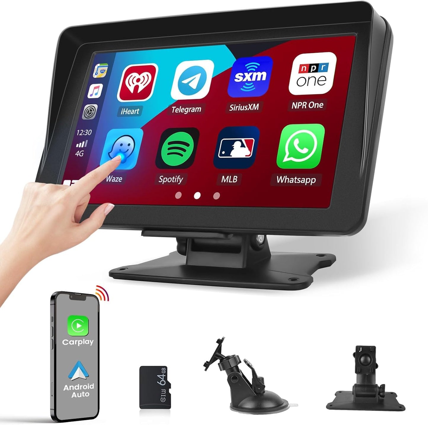 Portable Carplay Screen for Car, 7" Wireless Carplay & Android Auto with Bluetooth, GPS Navigation, Siri, FM, AUX, Mirror Link for All Vehicles