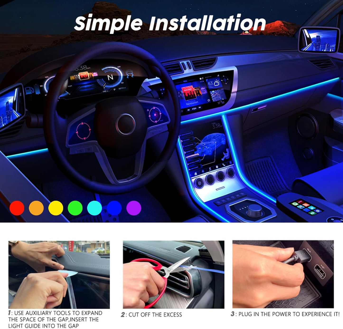 USB Car LED Lights, Interior Car Lights Strip with APP and RF Remote Control, 2 in 1 Ambient Lighting with 157 inches Fiber Optic Music Sync Simple Installation EL Wire Lights (2 in 1/157 inches)