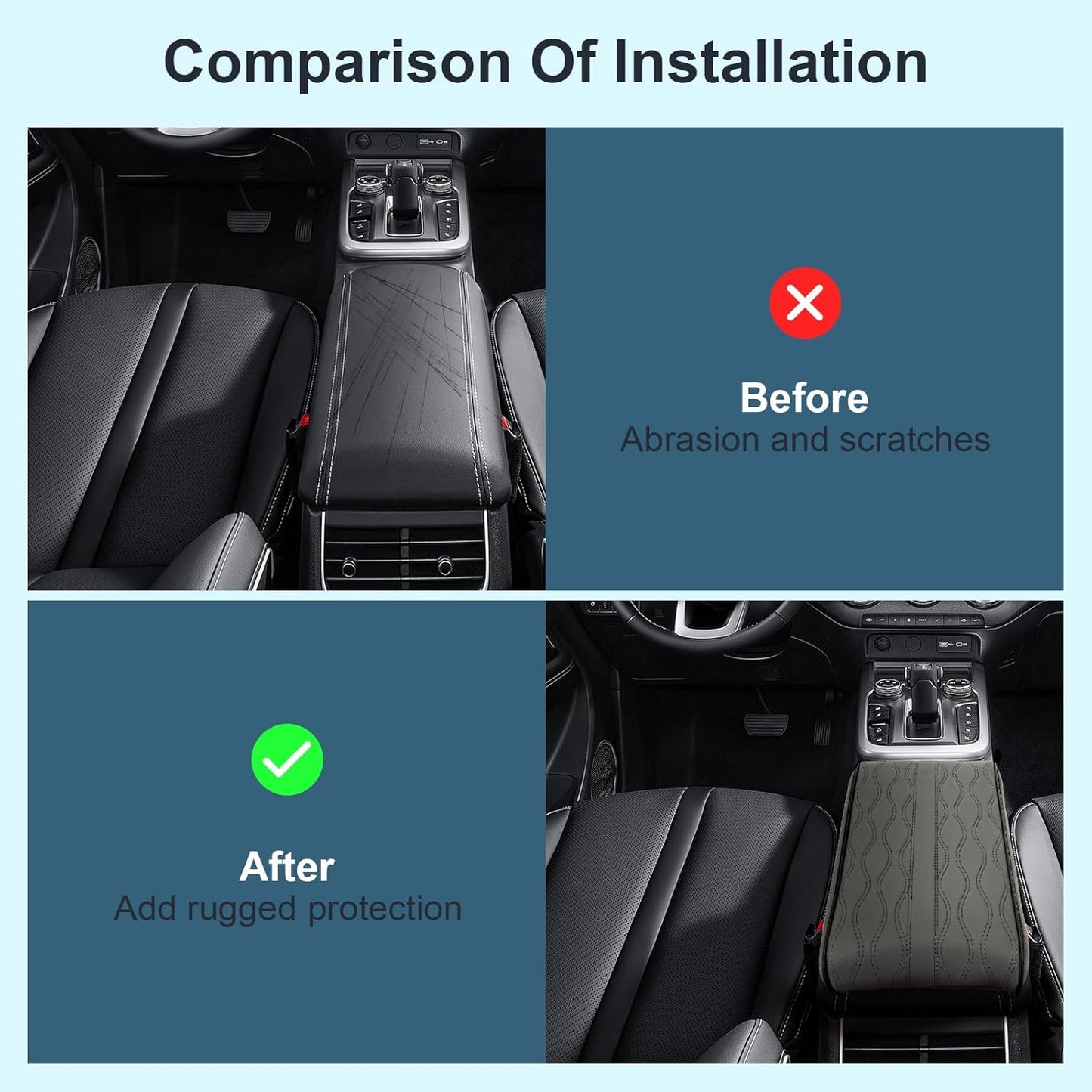 Memory Foam Car Armrest Cushion - Premium Leather Armrest Cover for Car, Comfortable Protection, Universal Fit Center Console Cover for Car, SUV, Sedan, Easy Installation (Gray)