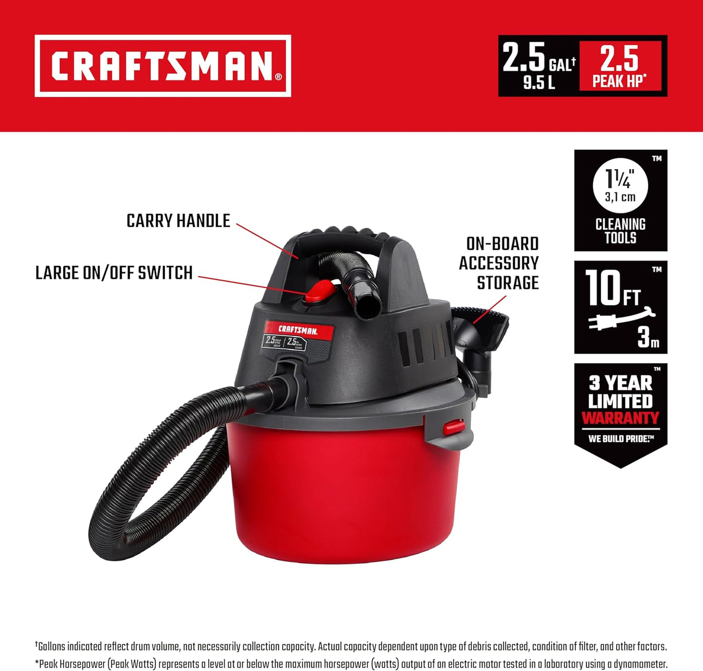 CRAFTSMAN CMXEVBE17595 16 Gal. 6.5 Peak HP Wet/Dry Shop Vacuum with Filter, Dust Bag, Hose, Attachments and CMXEVBE17250 2.5 Gal. 2.5 Peak HP Portable Vac with Filter Bag, Hose and Attachments