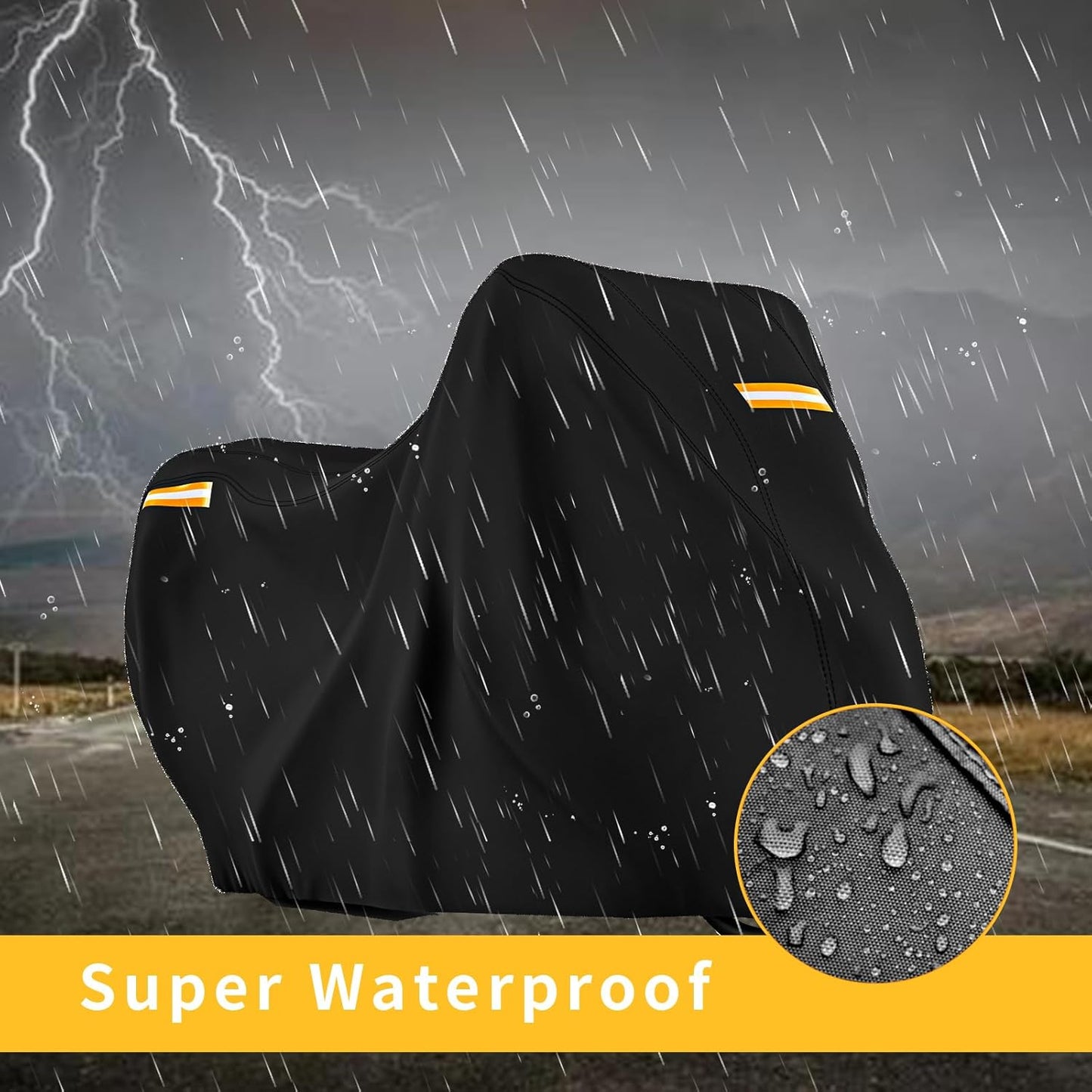 210D Motorcycle Cover All Season Waterproof Breathable Sun Outdoor Protection Three Reflective Tape with Lock-Holes & Storage Bag Bike Scooter Cover Universal (Black, 96.6''*41''*50'')