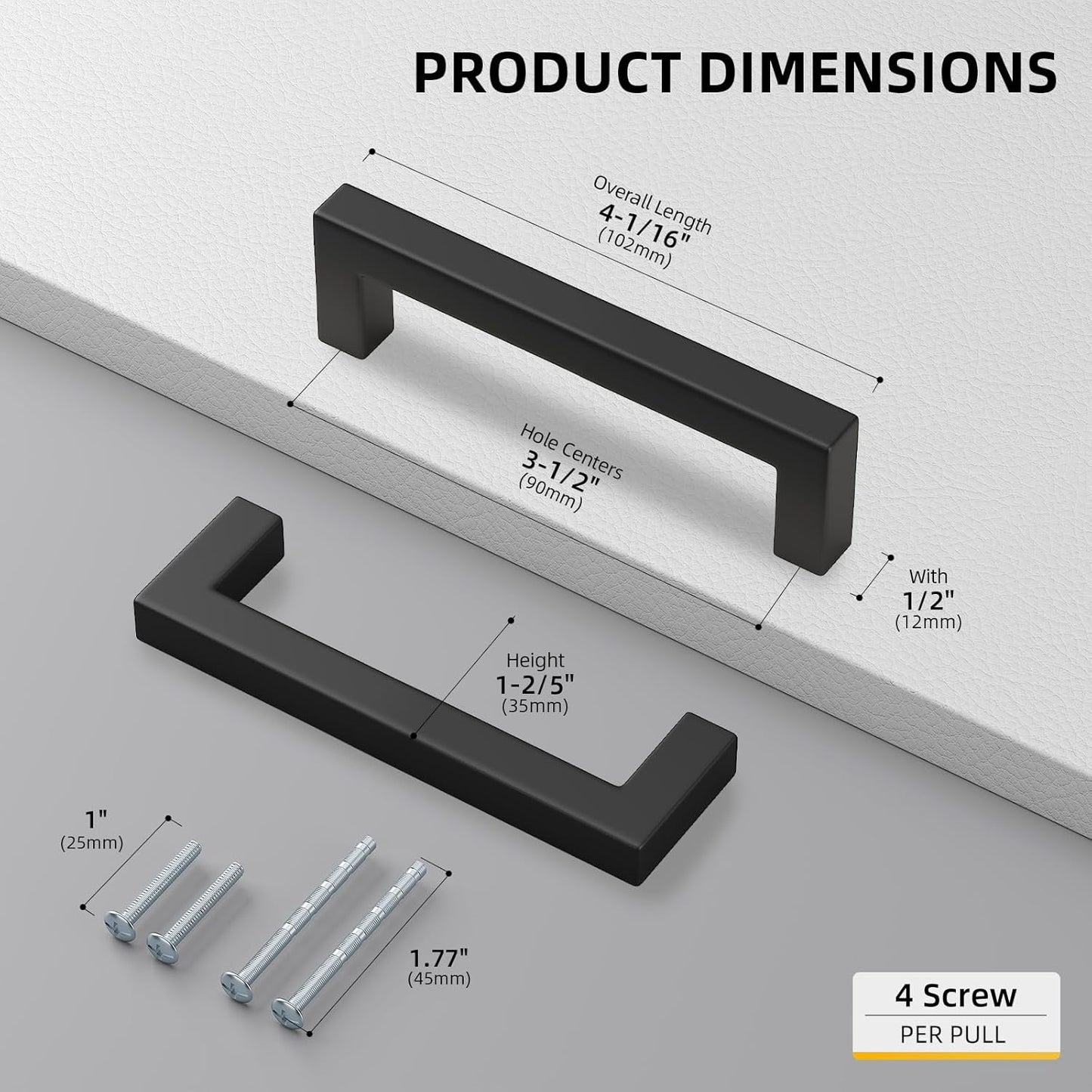 Goldenwarm 2 Pack Black Cabinet Pulls Drawer Handles Stainless Steel Modern Hardware for Kitchen and Bathroom Cabinets Cupboard,Center to Center 3-1/2in (90mm) Square Bar Cabinet Pull