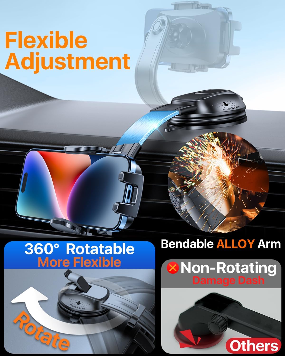 HTU Upgraded Strongest Suction Car Phone Holder Bendable Arm, Never Block View Rotatable Cellphone Mount for Dashboard Windshield Vent, Cradle Stand for iPhone 16 15 14 13 12 Pro Max (Red)