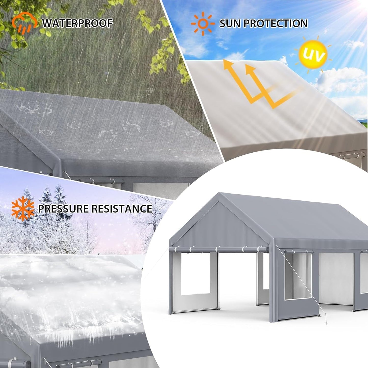 13x20 Ft. Metal Carport Garage with PE Fabric and Galvanized Steel Frame Outdoor Shelter for Cars, Trucks and Boats with 4 Doors and Mesh Windows for Ventilation - Grey