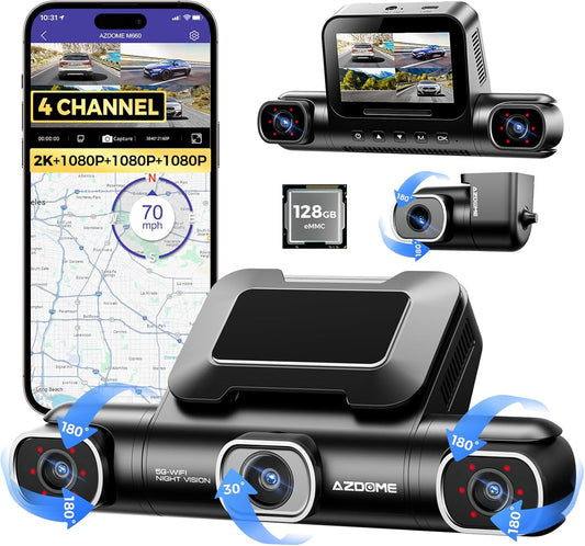 AZDOME 360° 4 Channel Dash Cam, Built-in 128GB eMMC, 2K+1080P*3 Dashcam Front and Rear Inside Left Right, Voice Control, 5G WiFi Dash Camera for Cars with 4 Adjustable Lenses, IR Night Vision, M660