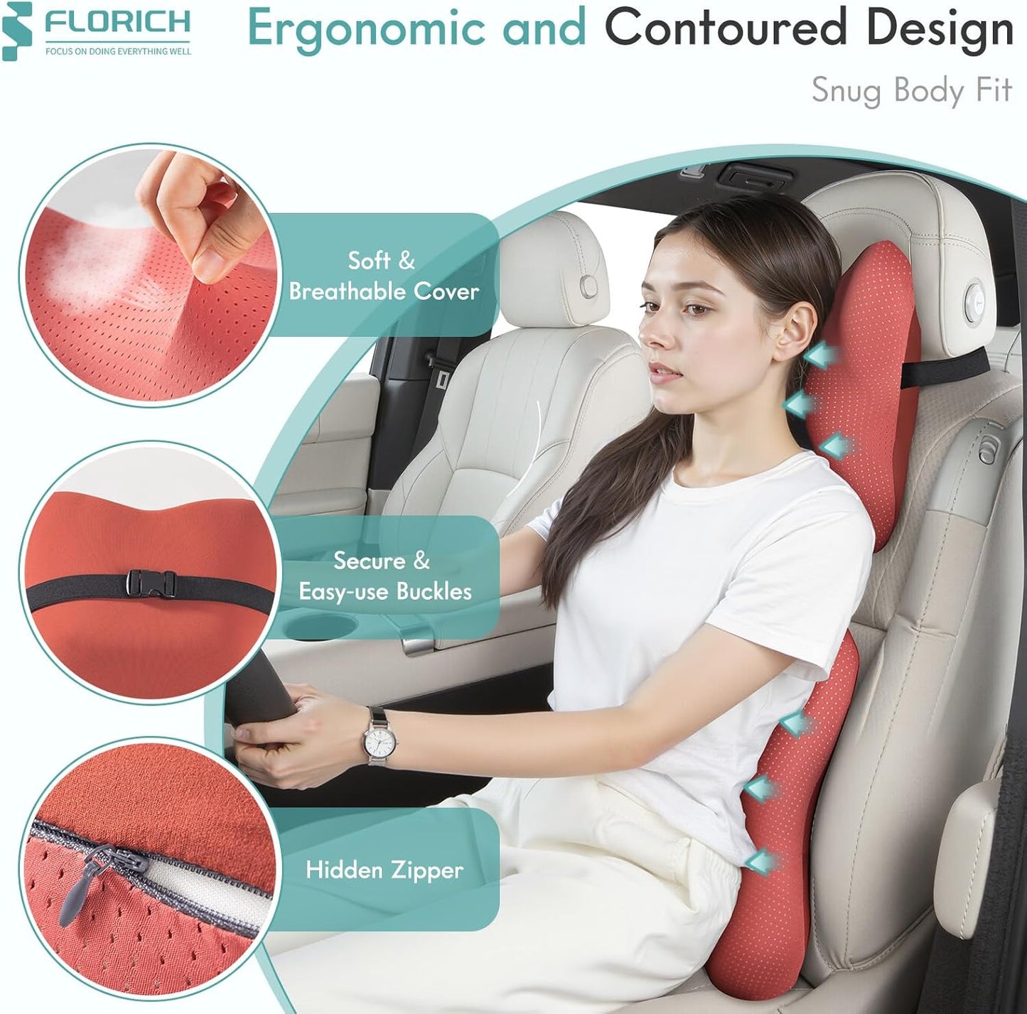 FLORICH Car Lumbar Support Pillow and Neck Headrest Pillow for Office Chair, Ergonomic Memory Foam, Relieves Neck, Back Pain, Pressure-Relieving Back Support for Car, Office Chair & Wheelchair – Red