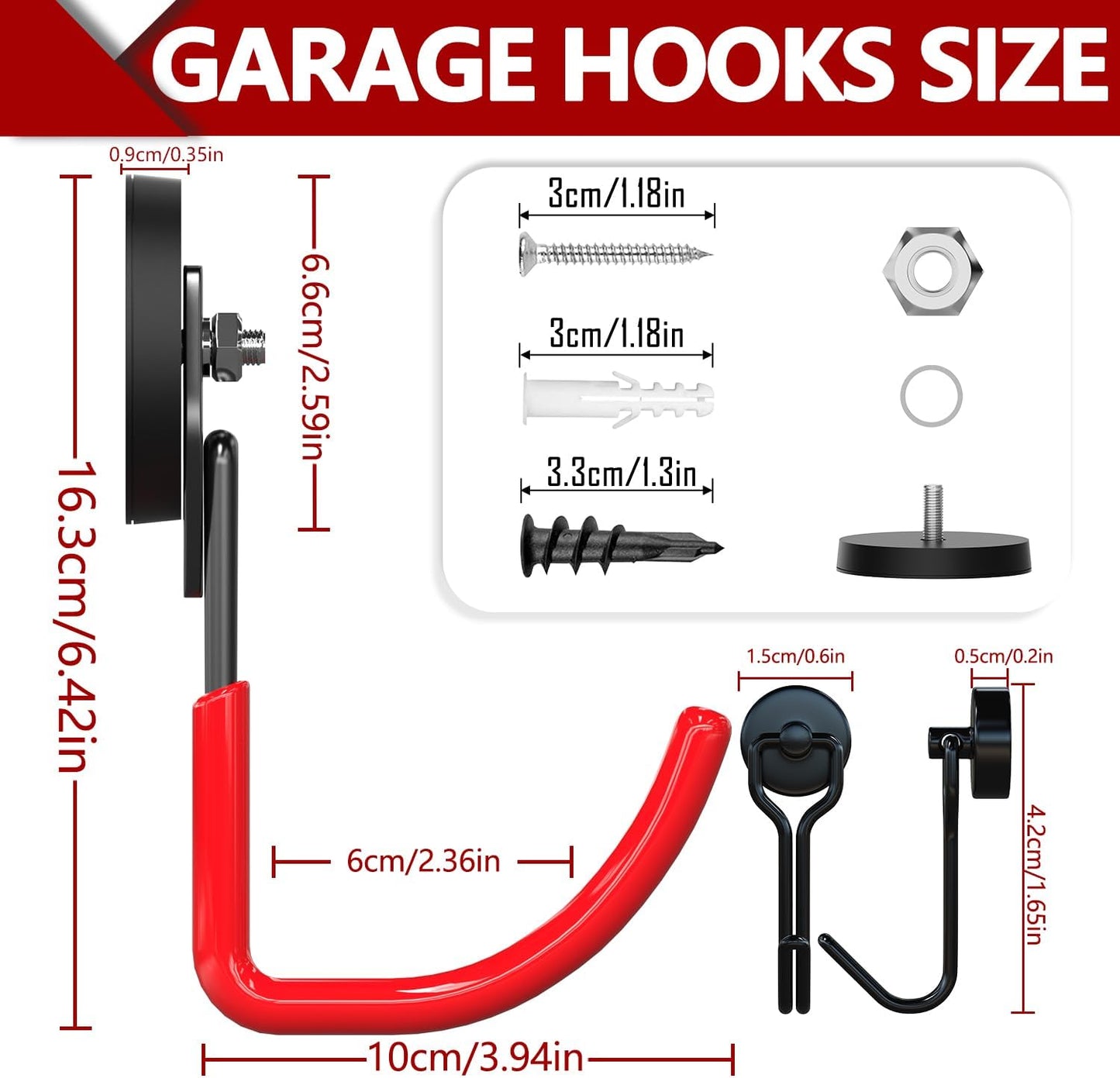 3-H Heavy Duty Magnet Garage Hooks 4 Pack, J Shape Strong Magnetic Hooks for Hanging Cordless Power Drill, Utility Magnetic Tool Holder for Metal Cabinet, Steel Pegboard, Toolbox, Garage(Red)