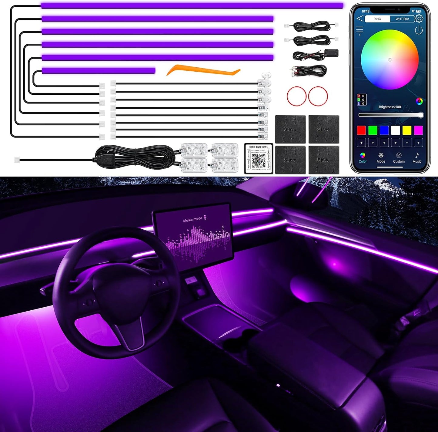 Acrylic Interior Car LED Strip Light with Wireless APP, RGB 18 in 1 with 175 inches 612 LEDs Fiber Optic Strip Lights for Car, Dual Zone Music Sync Neon Car Ambient Lighting Kits