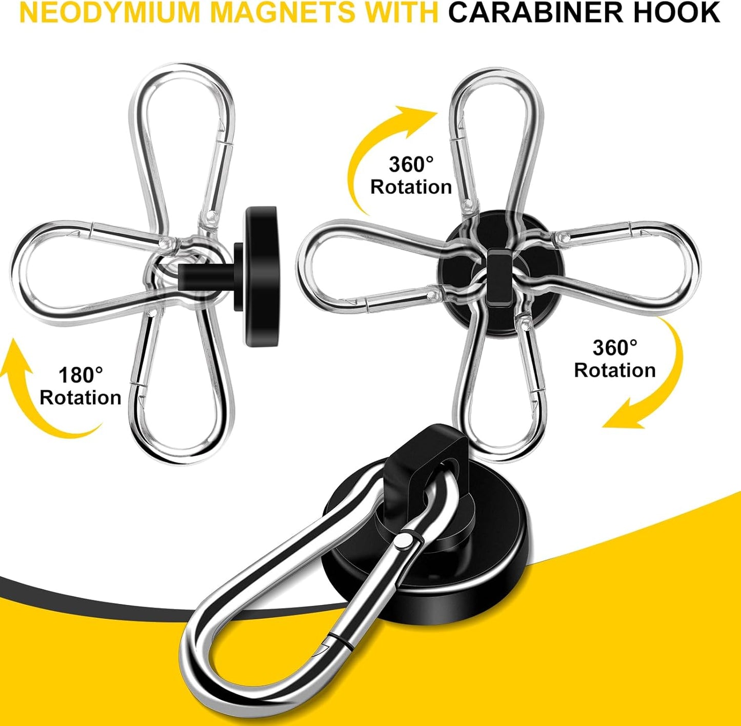 DIYMAG Black Magnetic Hooks, 110LBS Heavy Duty Neodymium Magnetics with Swivel Carabiner Hook,Great for Your Refrigerator and Other Magnetism Surfaces, Pack of 15