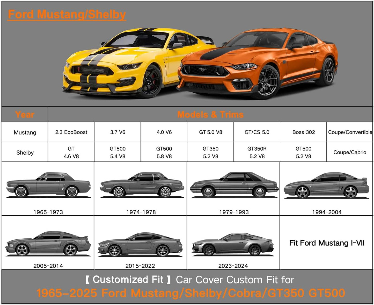 Kayme 7 Layers Car Cover Custom Fit for Ford Mustang/Shelby (1964-2025) Waterproof All Weather for Automobiles, Outdoor Full Cover Rain Sun UV Protection.Black