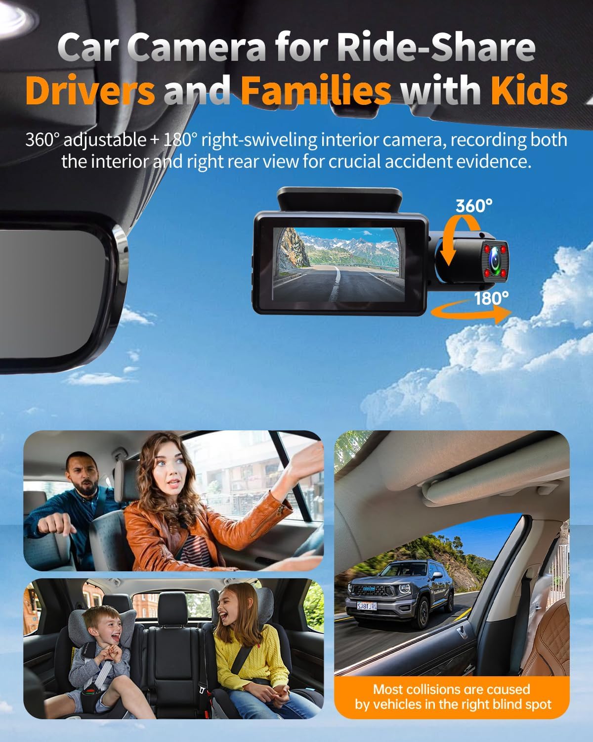 2.5K+1080P Dual Dash Cam Front and Inside, WiFi & GPS Dash Camera for Cars with 32G Card, IR Night Vision, 3" IPS Screen, Inside Car Camera for Taxi Driver, Support 256GB Max, App Control