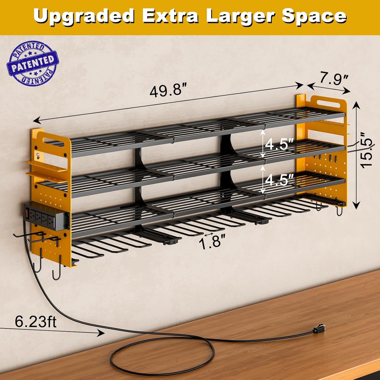 12 Cordless Drill Holder Large Power Tool Organizer Wall Mount with Side Pegboard & Screwdriver Holder, 4-Tier Heavy Duty Metal Tool Storage Rack with 4-Outlet Power Strip