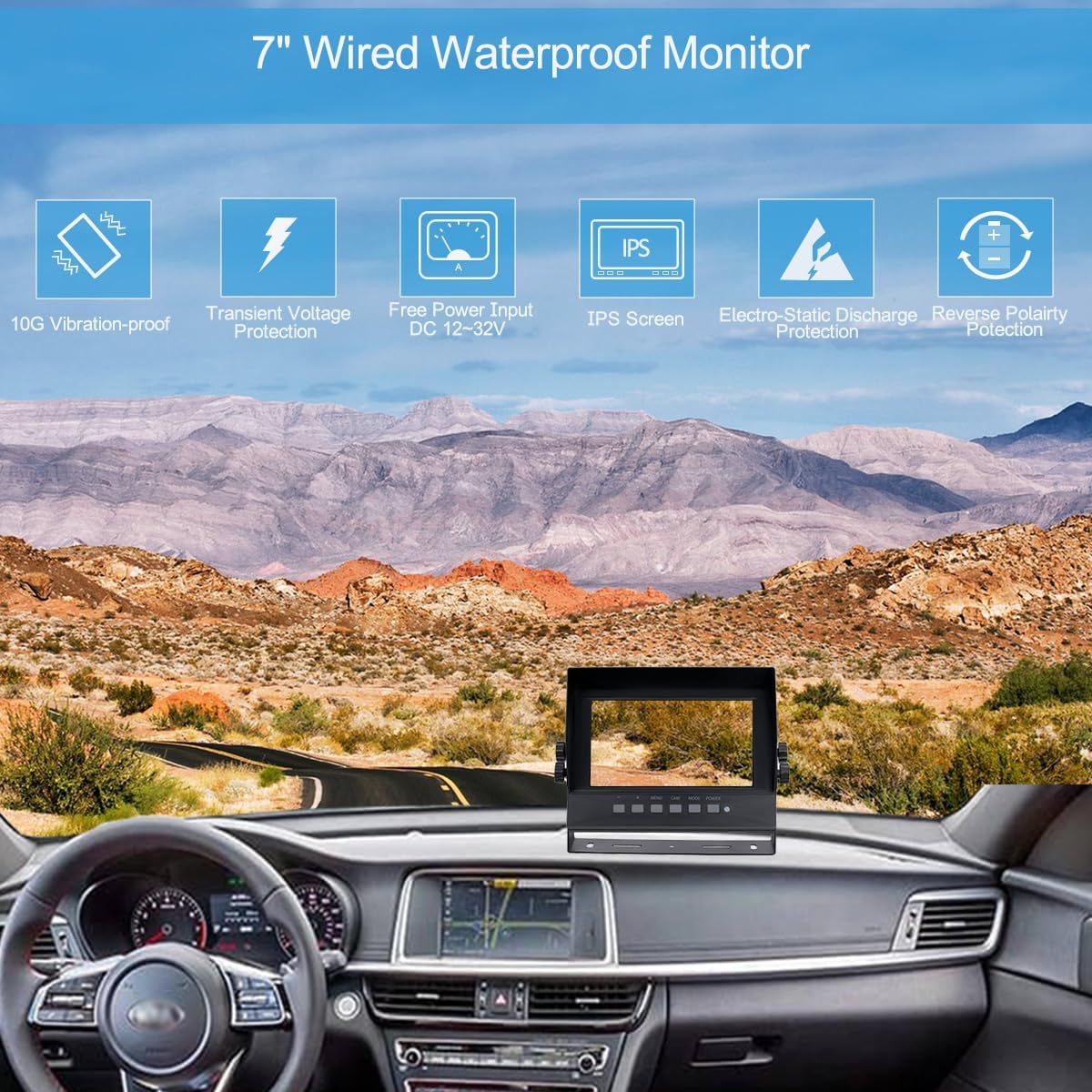 7" 1080P AHD Wired Reverse Rear View Backup Two-Camera System,Guide line, IP69K Waterproof Monitor& Camera, Night Vision, Vibration-proof 10G for Tractor/Truck/Excavator/Van/Skid Steer/Heavy Equipment