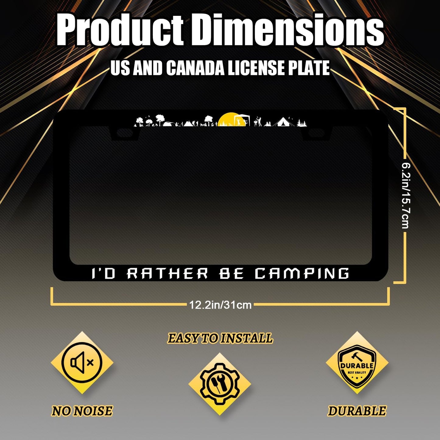 I'd Rather be Camping License Plate Frame Mountain Camper License Plate Holder for Personalized Car Decorative Stainless Steel Funny License Plate Camp Auto Part with Screw 12.2"x6.2"