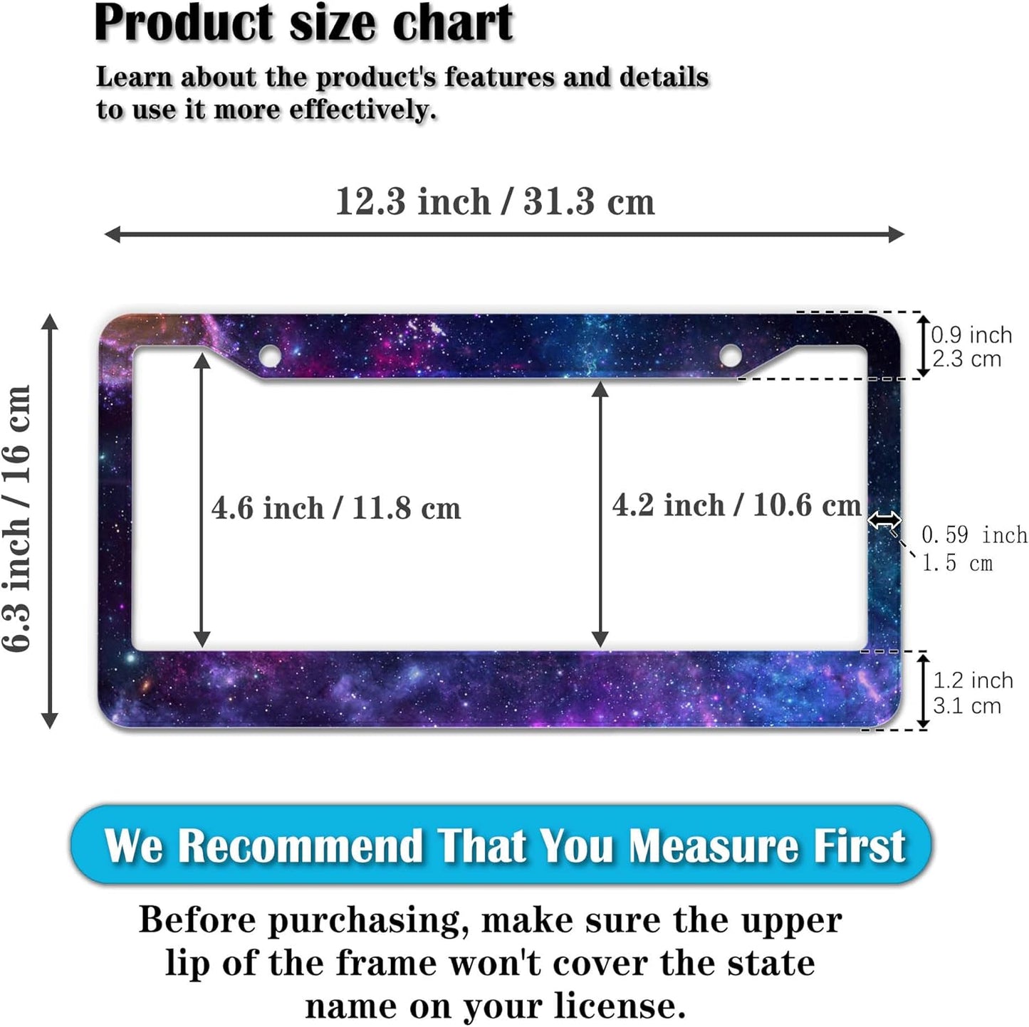 License Plate Frames for Men Multicolor License Plate Cover for Women Galaxy Aluminum Metal Car Accessory 2 Pack with Screw Covers Set