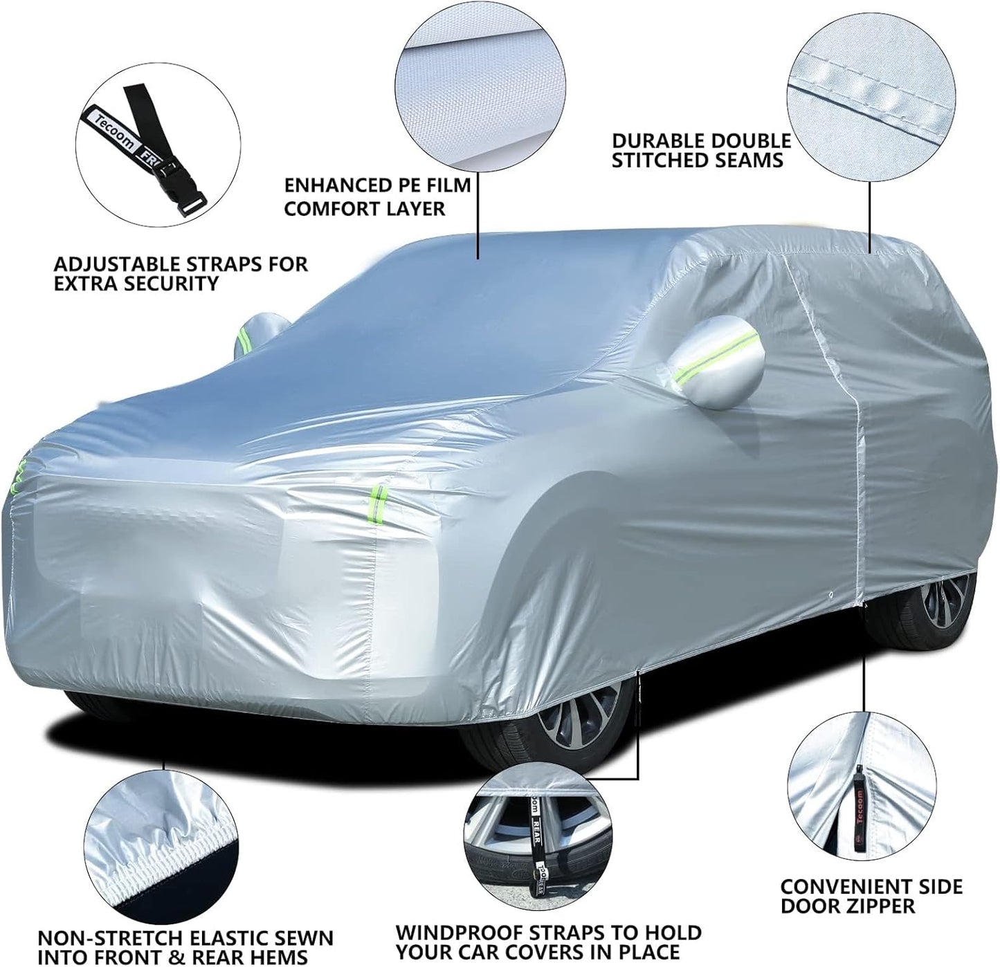 Tecoom Light Shell Breathable Material Classic Zipper Design Waterproof UV-Proof Windproof Car Cover with Storage and Lock for All Weather Indoor Outdoor Fit 191-205 Inches SUV