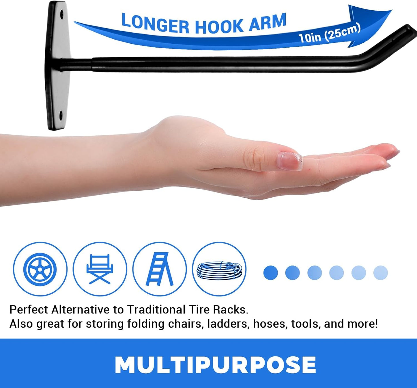 4-Pack Tire Rack Wall Mount, Heavy Duty Hooks for Storage - Garage Storage Hooks Wall Mount for Ladders, Tools & Bulk Items (88 lbs Capacity, 10"x 3.5" Black Iron)