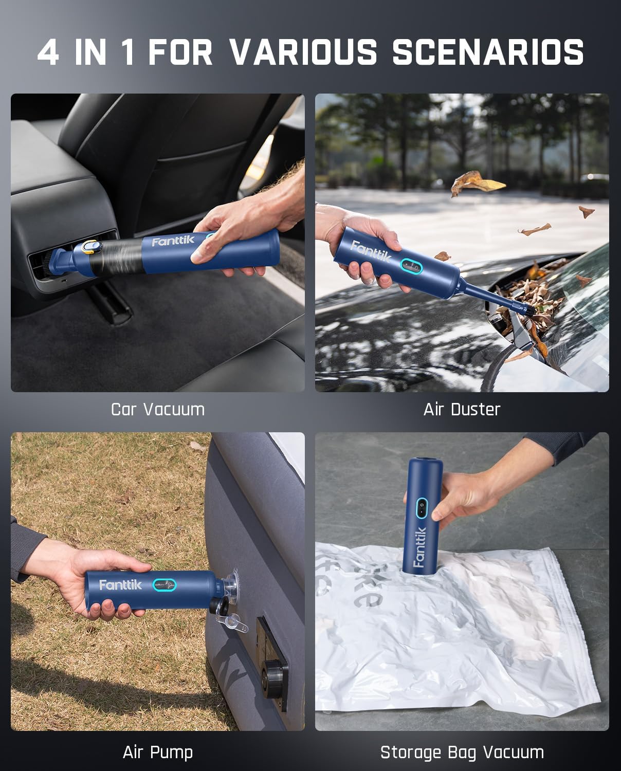 Fanttik Slim V8 APEX Car Vacuum, 4-in-1 Portable Mini Cordless Vacuum with 19000pa Suction Power, Type-C Charge, 2 Suction Modes, Handheld Vacuum for Car, Office Desk, Keyboards (Blue)