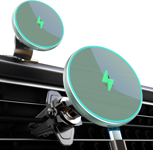 MOKPR for Magsafe Car Mount Charger-15W Wireless Car Charger-Magnetic Car Phone Holder for Dash Air Vent-LED RGB HandsFree Car Mount Fast Car Charger for iPhone 14/13/12 Series,Green