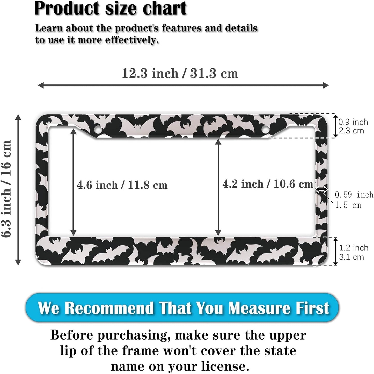 License Plate Cover for Women Black and White License Plate Frames for Men Dense Bats Aluminum Metal Car Accessory 2 Pack with Screw Covers Set