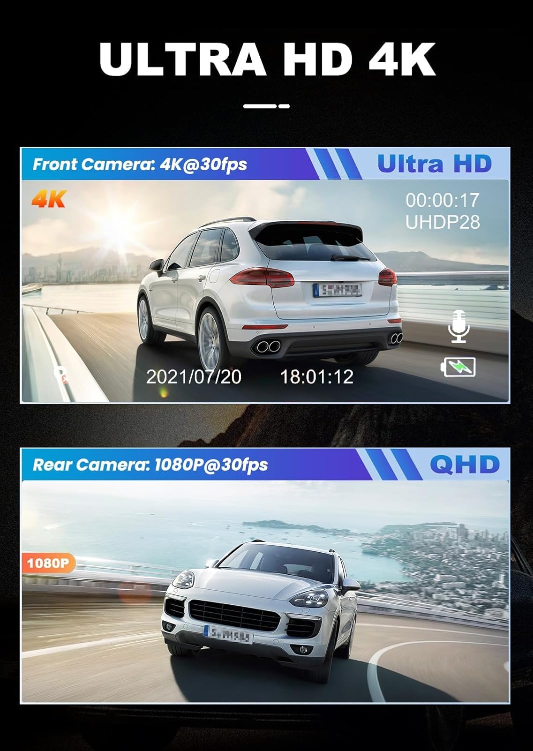 JOMISE Dash Cam Front and Rear 4K+1080P, 3" LCD, Starvis Sensor, Built-in GPS, WDR, Night Vision, Dash Camera for Cars with WiFi, Parking Mode, 32GB Card, Reliable Dashcam for Safety Recording