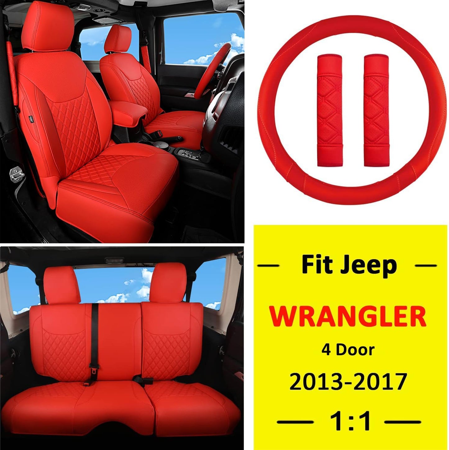 GIANT PANDA Customized Full Set Car Seat Covers for Jeep Wrangler 4 Door JK Sahara Sport Rubicon Unlimited Willys Wheeler Altitude 2013 2014 2015 2016 2017, Faux Leather - (Red)