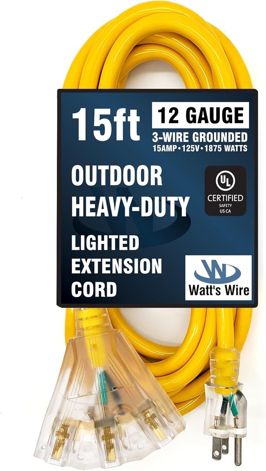 15 ft - 12 Gauge Heavy Duty Extension Cord - 3 Outlet Lighted SJTW - Indoor/Outdoor Extension_Cord by Watt's Wire - 15' 12-Gauge Grounded 15 Amp ExtensionCord