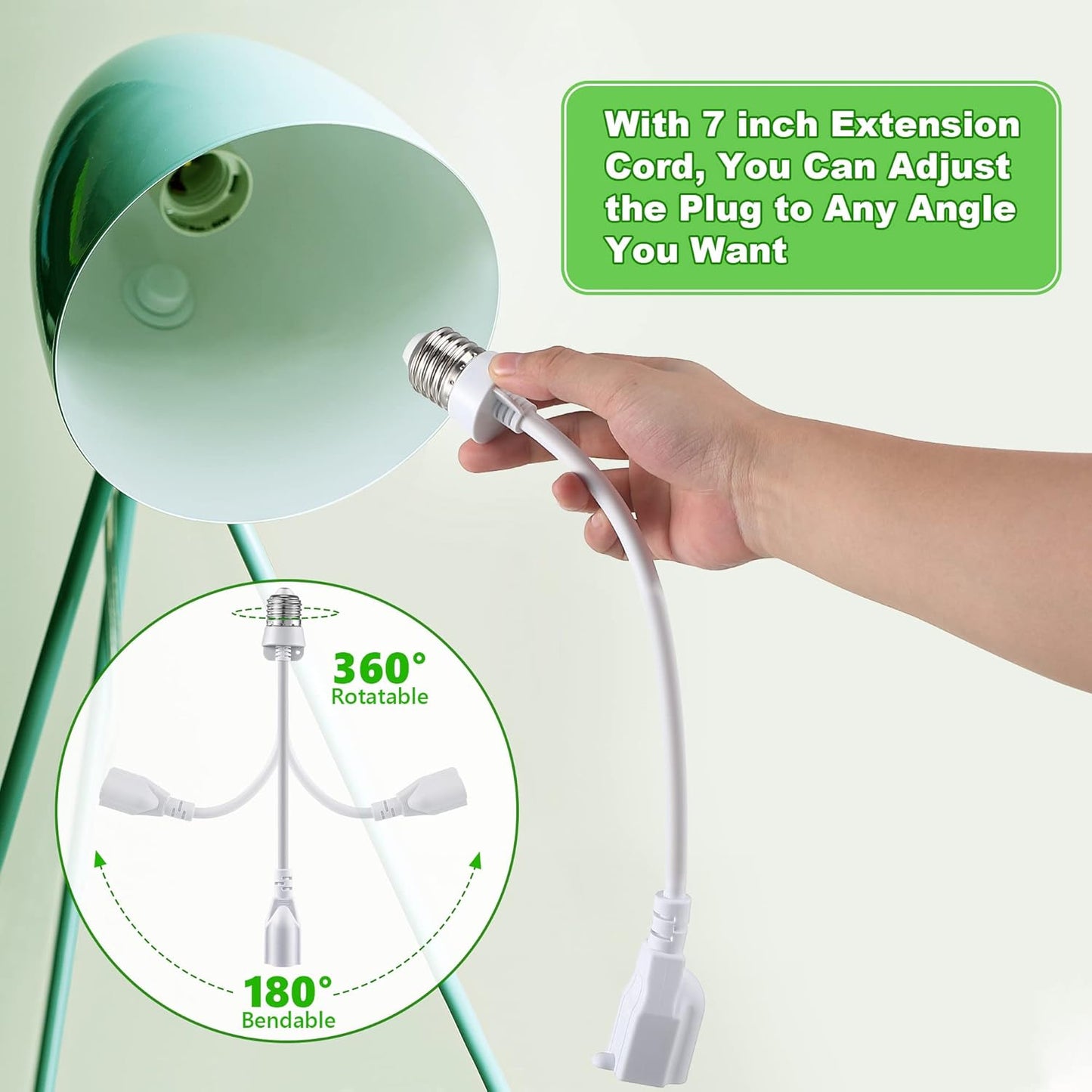 Feekoon 2 Pack 3 Outlet Light Socket Adapter, Convert E26/E27 Bulb Socket to 3 Prong Outlet with Extension Cord, Light Bulb Plug Adapter Converter Suitable for Outdoor Porch Garage Patio Use (White)