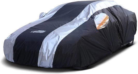Small Car Cover Waterproof All Weather Protection with Silver Stripe Design,Universal Fit Nissan Versa, Hyundai Accent, Mazda MX-3 RX8, Subaru BRZ, Audi TT, Porsche 718 Boxster Cayman