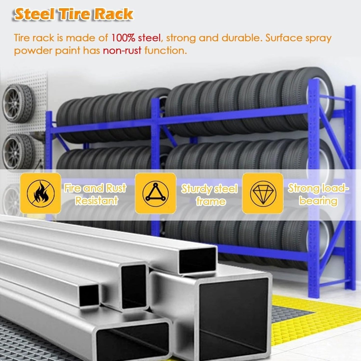 Adjustable Height Tire Storage Rack for Garage, Maximum Load 1100 lbs, Blue, 3 Tiers(78.7x23.6x78.7in)