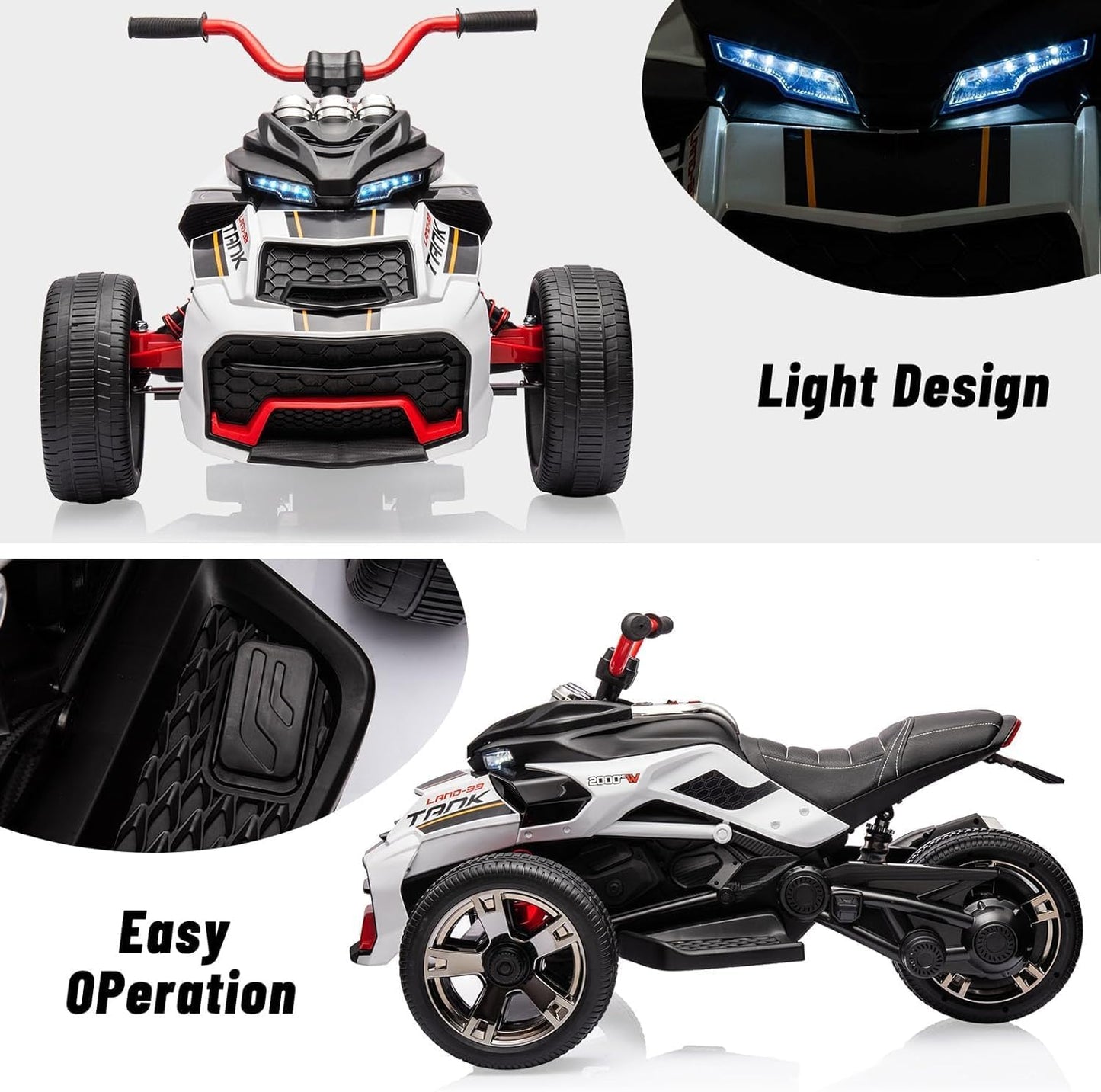 12V Kids Electric Ride-On Car with Parent Remote Control, 7MPH, 2 Speeds, 2x55W Motor, LED Lights, Music, USB & EVA Tires, 3 Wheel Battery Powered Toy Vehicle for Toddlers