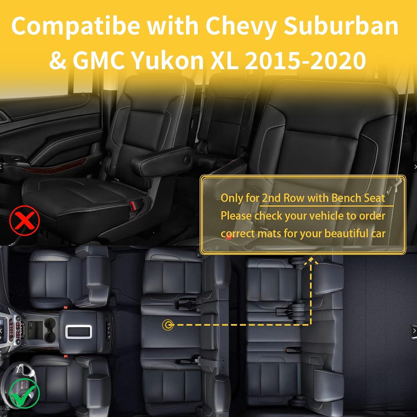 GINOWY-Floor Mats for Chevy Suburban/GMC Yukon XL 2015-2020 2nd Row with Bench Seat, All Weather Car Floor Mats Non-Silp Suburban 2020 Accessories Rubber Floor Liners