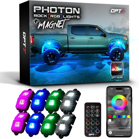 OPT7 Photon RGB LED Magnet Rock Lights with APP & Remote Control, 8 Black Pods Wide Angle Multicolor Neon Underglow Lighting Kit with Extension Wire, IP68 Waterproof for Offroad Truck Jeep RZR ATV UTV