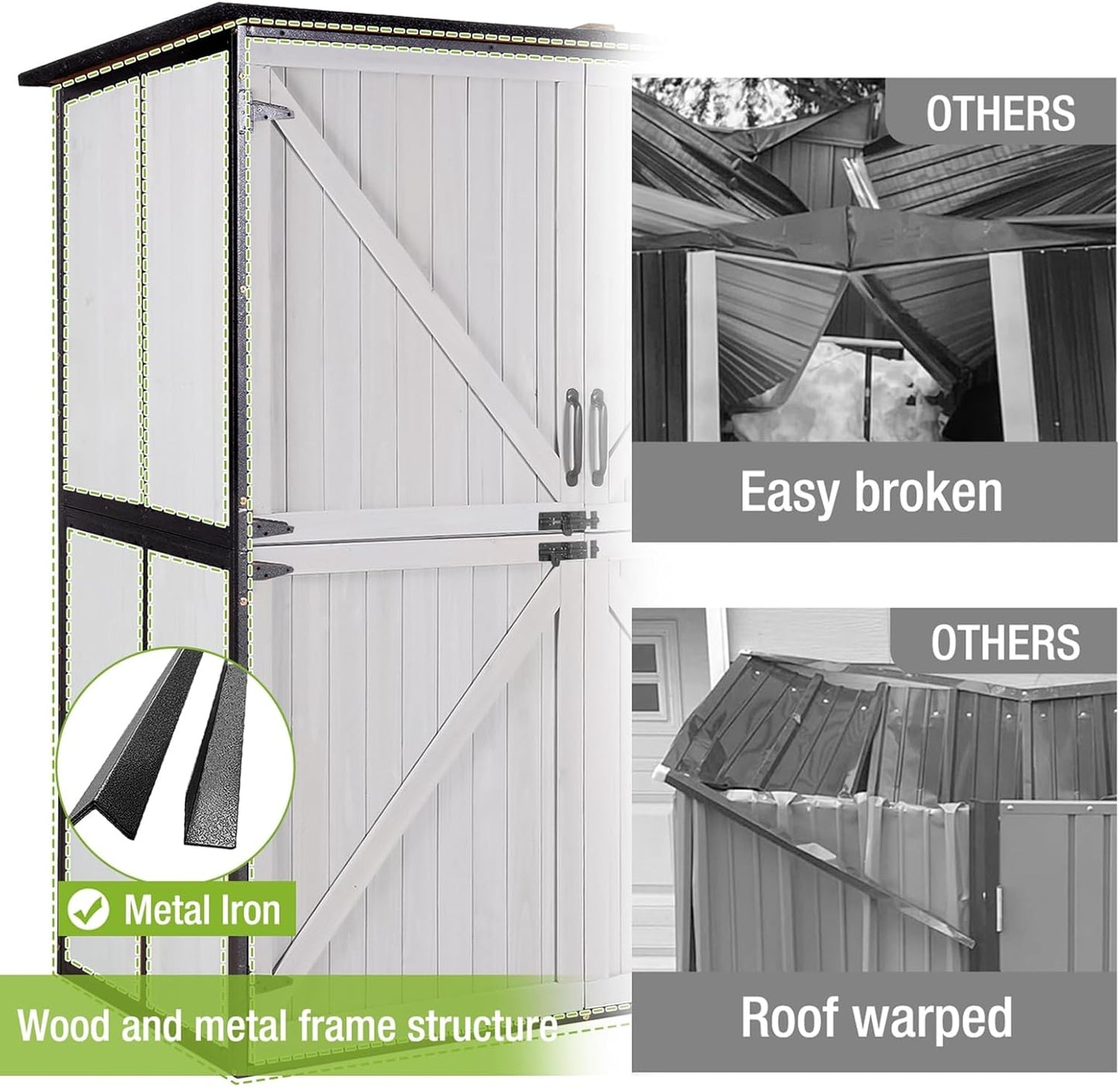 GUTINNEEN Outdoor Storage Shed with Metal Frame,Wooden Tool Cabinet with Adjustable Shelfs, House Garden Shed for Backyard Garden Patio Lawn