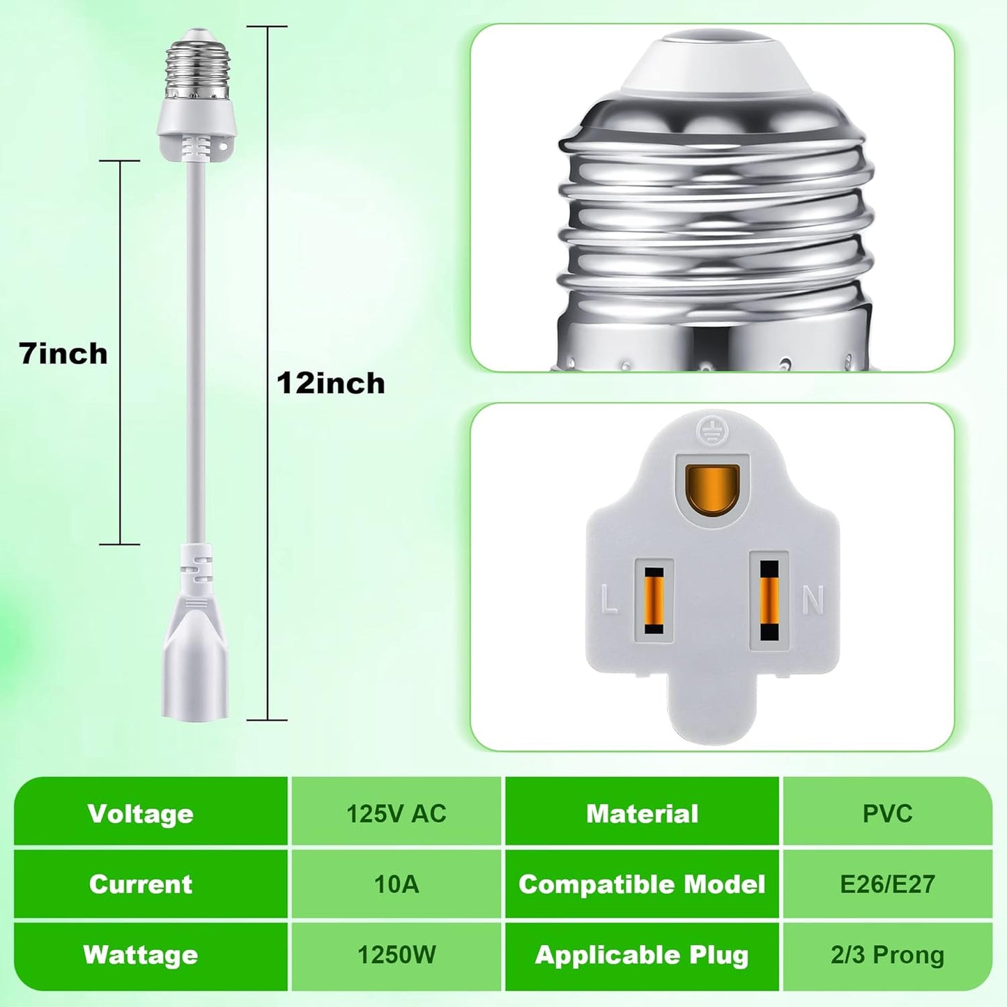 Feekoon 2 Pack 3 Outlet Light Socket Adapter, Convert E26/E27 Bulb Socket to 3 Prong Outlet with Extension Cord, Light Bulb Plug Adapter Converter Suitable for Outdoor Porch Garage Patio Use (White)