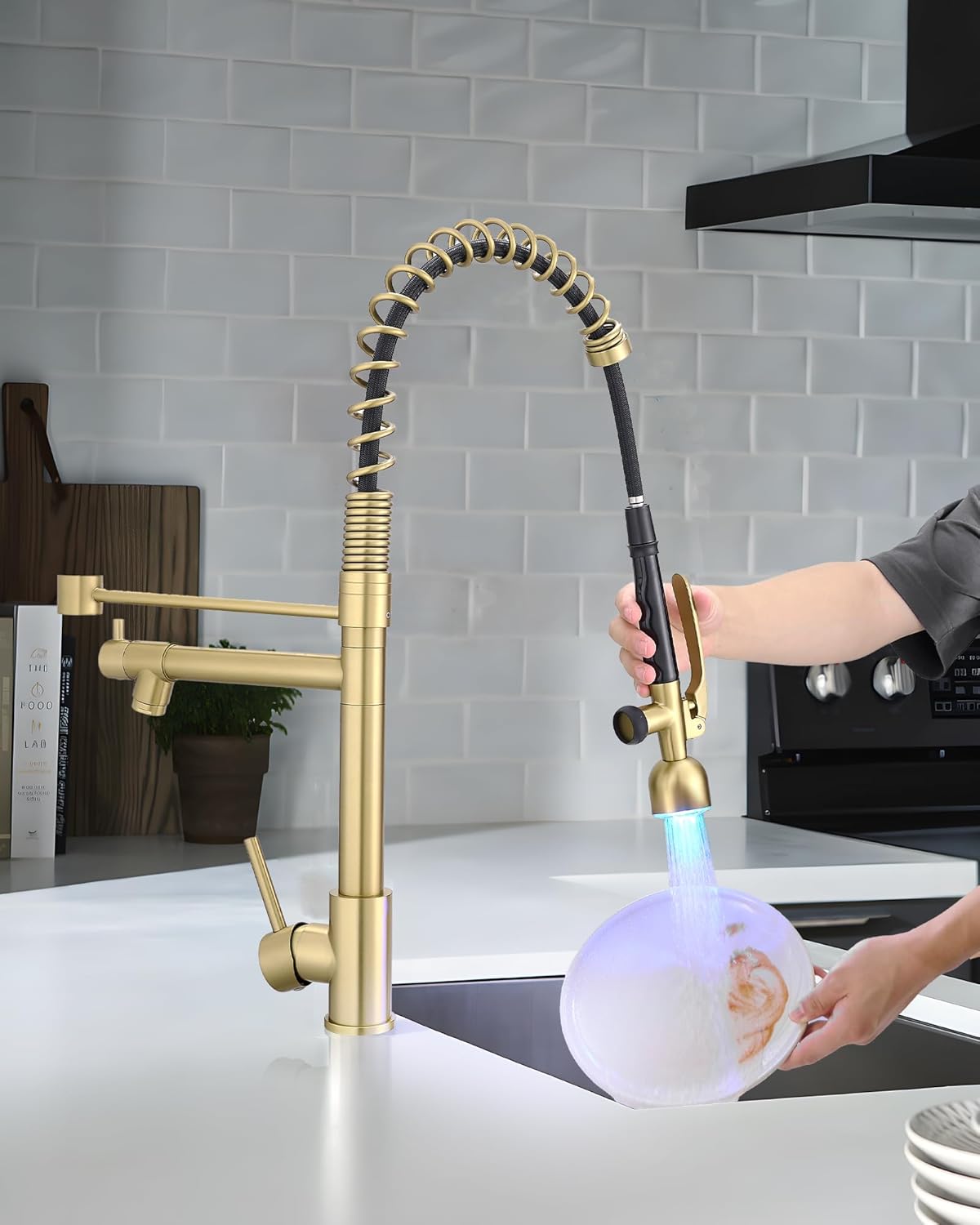 Fapully Single Handle High Arc Brushed Gold Pull Down Kitchen Faucet LED,Single Level Kitchen Sink Faucets with Pull Down Sprayer