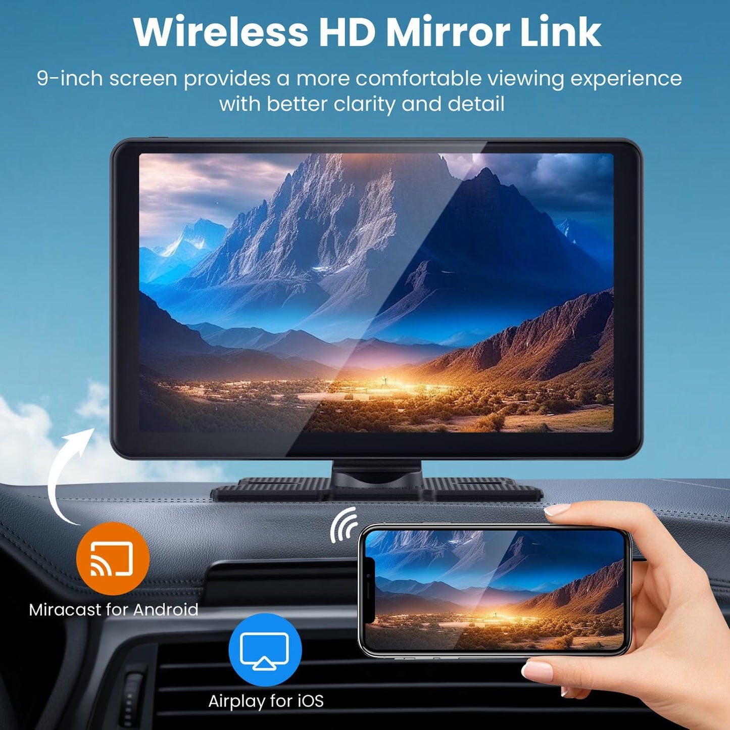 Compatible Wireless Apple CarPlay Android Auto Screen for Car, 2K Dash Camera 9 Inch 1080P Touch Screen Stereo Bluetooth Portable GPS Navigation Vedio Player Mirror Link, Airplay, Siri, Voice Control