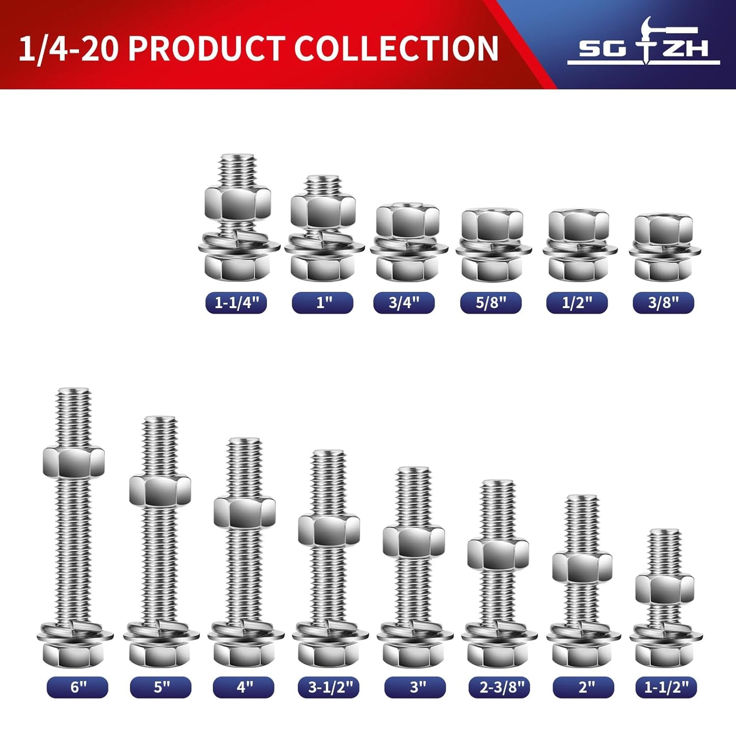 1/4-20 x 3/4" Hex Head Screw Bolt, Nuts, Flat & Lock Washers, 10Pcs 18-8 (304) Stainless Steel, Fully Threaded, by SG TZH