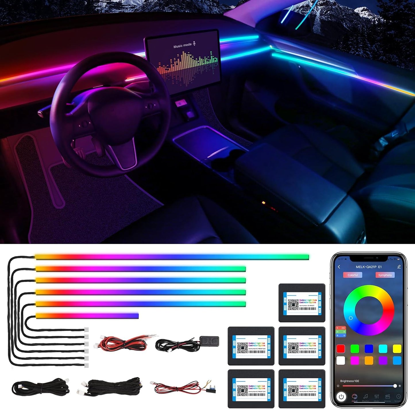 Dreamcolor Acrylic Interior Car LED Strip Light with Wireless APP, RGB 6 in 1 with 175 inches 600 LEDs Fiber Optic Car Ambient Lighting Kits, Sound Active Function LED Strip for Car Accessories