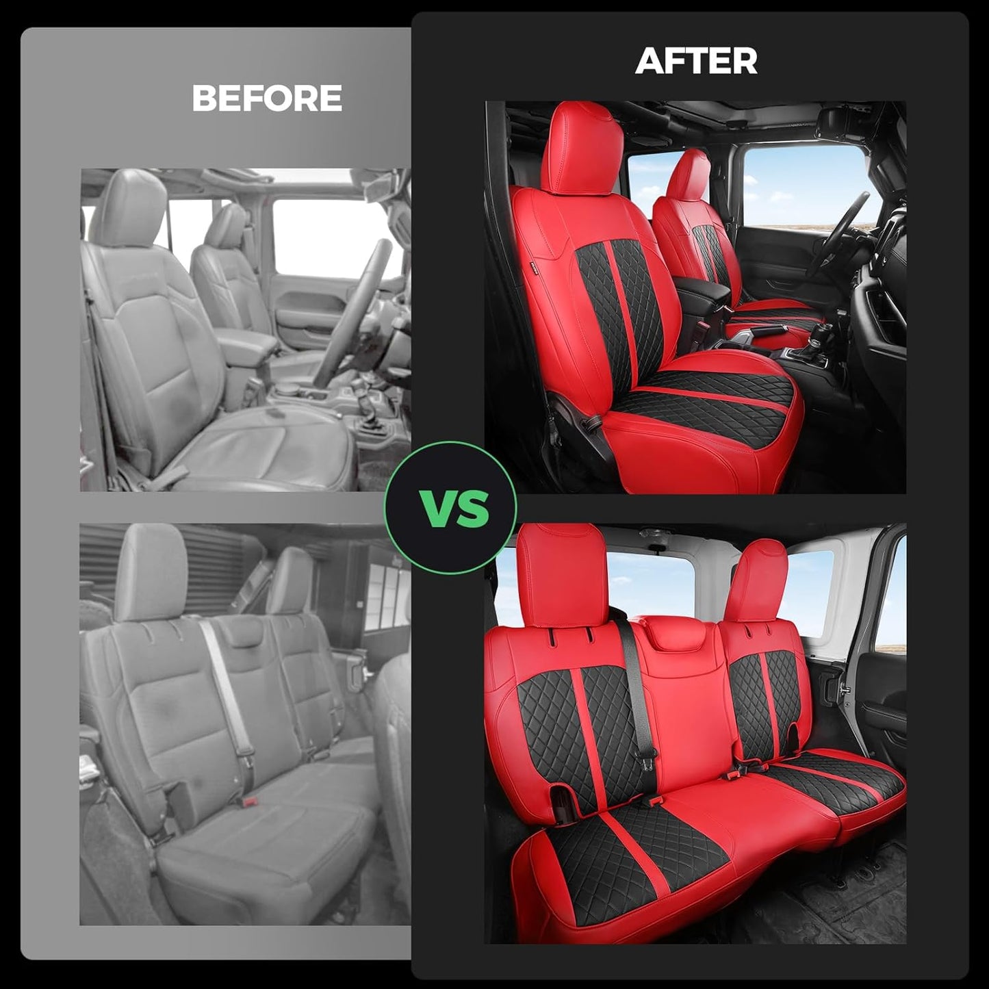for Jeep Wrangler Seat Covers 4Door JL 2018 2019 2020 2021 2022 2023 2024 2025, Custom Fit Car Seat Cover Full Set, Luxury Waterproof Leather Seat Protectors, Red Black, W/O Rear Cup Holder