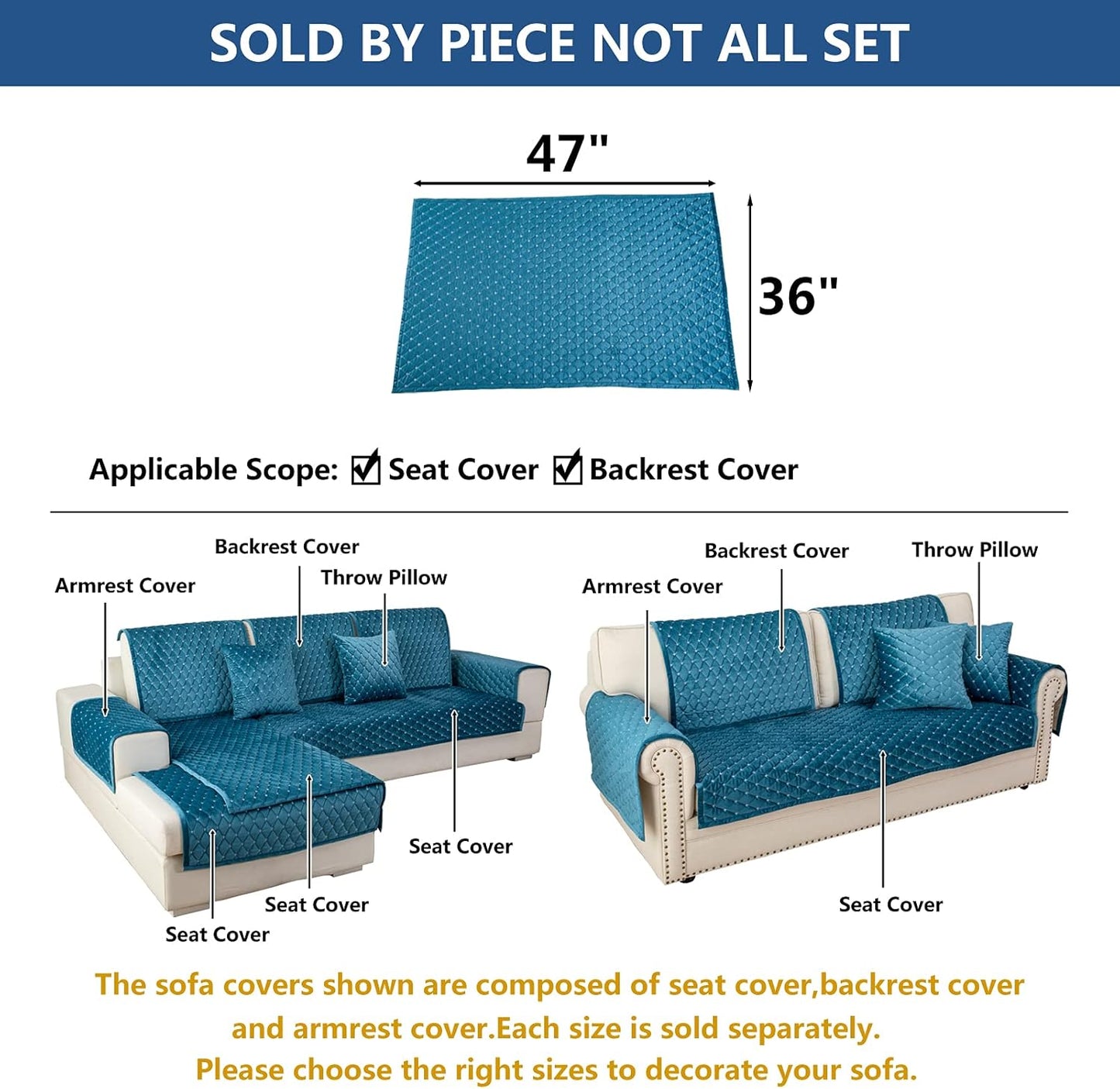 Eismodra Couch Cover,Sectional Couch Covers,Sofa Covers for 3 Cushion Couch,Anti-Slip Sofa Slipcovers for Dogs Cats Kids Loveseat Recliner L Shaped Armrest Backrest,Blue 36''x47''(Only 1 Piece)