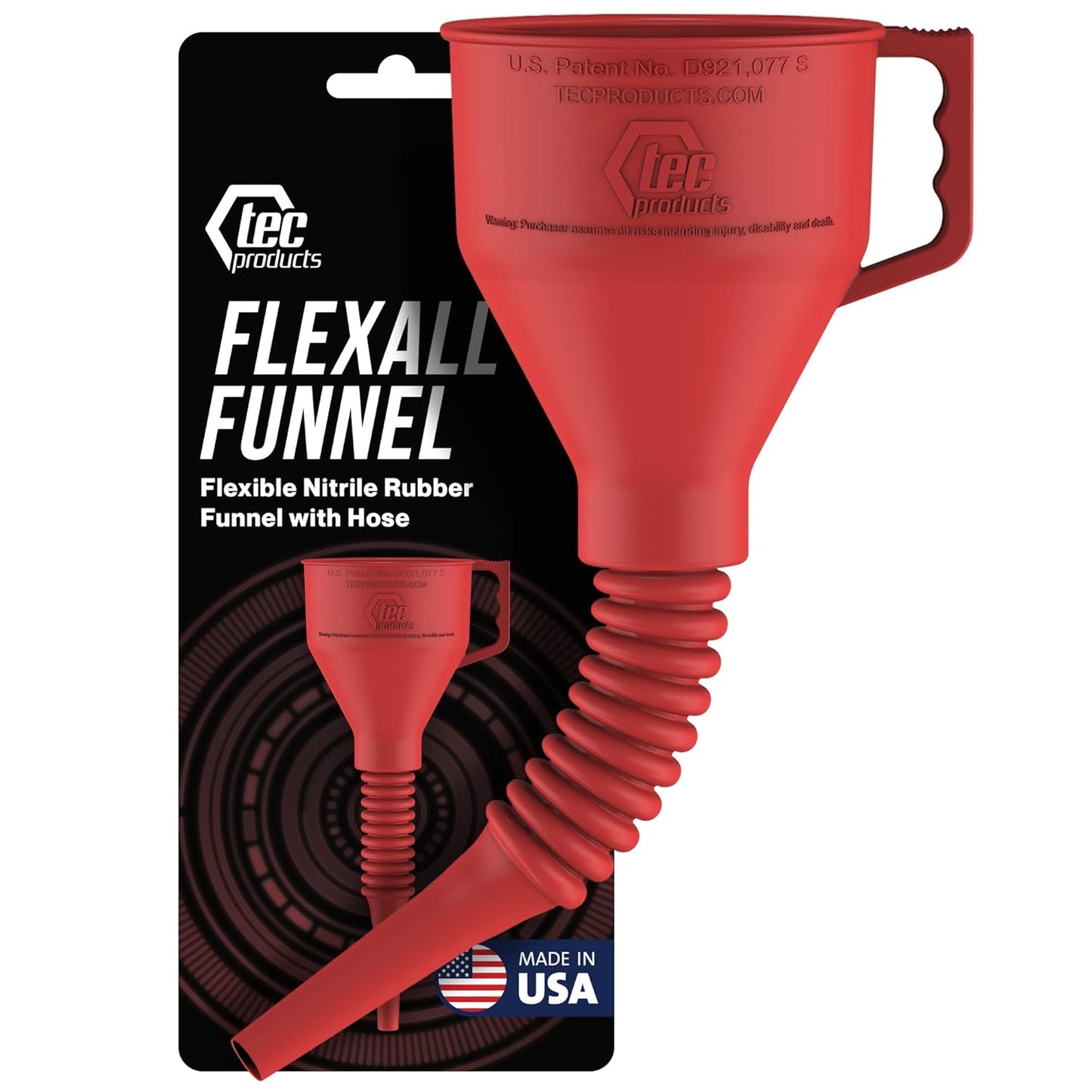 FlexAll Long Flexible Funnel for Automotive Use - Durable Nitrile Rubber - Ideal for Car Oil Change, Transmission Funnel Fluid, Diesel, Fuel, Gas - Made in USA - Red (12 x 4 Inches)