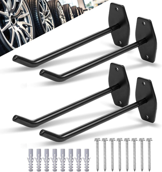 4-Pack Tire Rack Wall Mount, Heavy Duty Hooks for Storage - Garage Storage Hooks Wall Mount for Ladders, Tools & Bulk Items (88 lbs Capacity, 10"x 3.5" Black Iron)